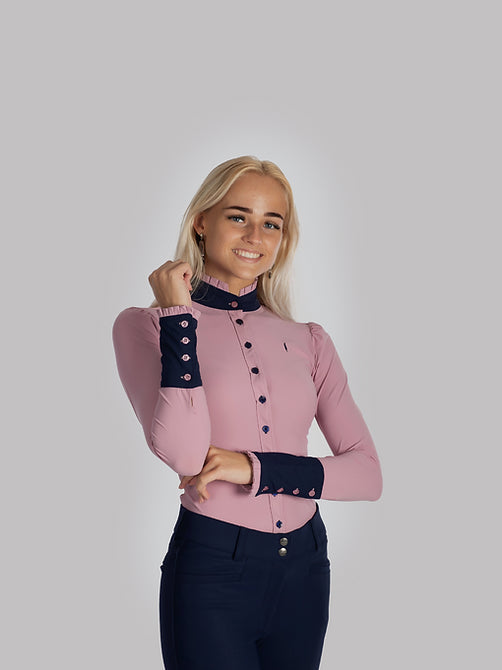 Aviar Long Sleeve Button Ruffle Shirt in Pink with Navy Details