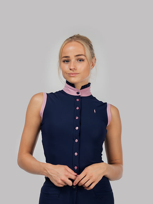 Aviar Sleeveless Button Ruffle Shirt in Navy with Pink Details