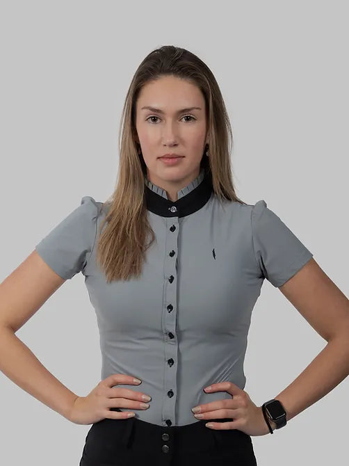 Aviar Short Sleeve Button Ruffle Shirt in Grey with Black Accents