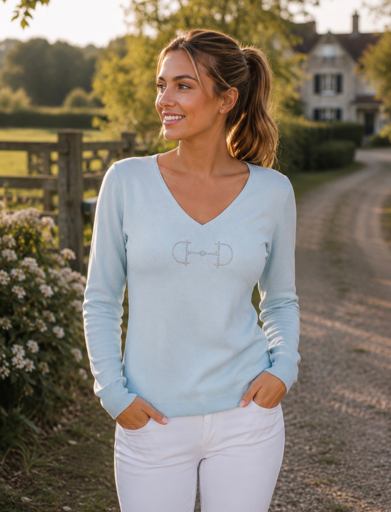 Equestrian Style V-Hals Swarovski Mint